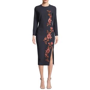cinq a sept Navy Embroidered Floral Cocktail Midi
